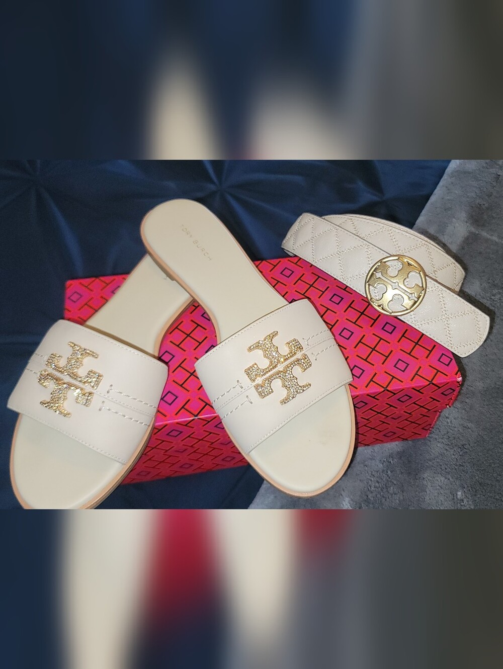 Tory Burch White Slide Sandals with Gold Logo Accent & Matching Belt